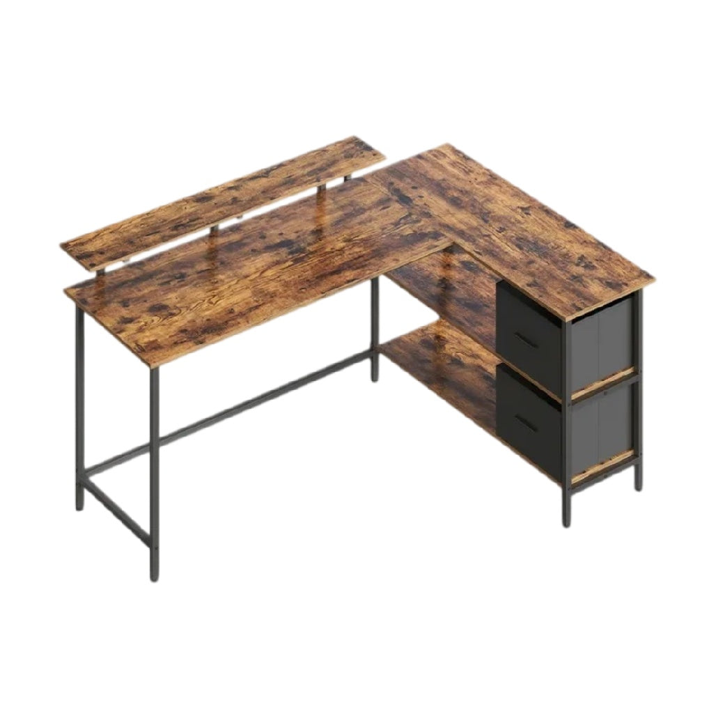 **Bureau d'angle en bois avec tiroirs noirs**