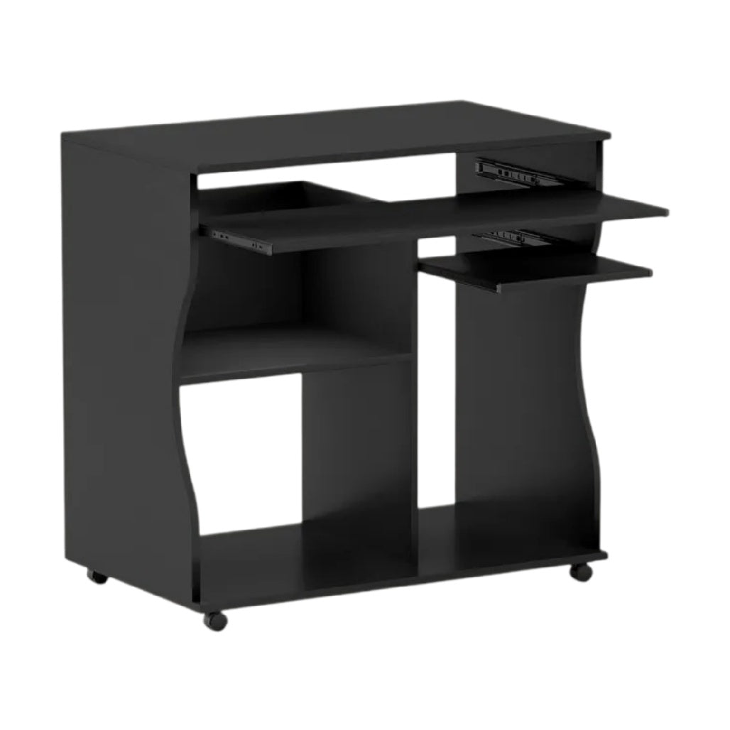 **Meuble de bureau noir avec étagères et roulettes**