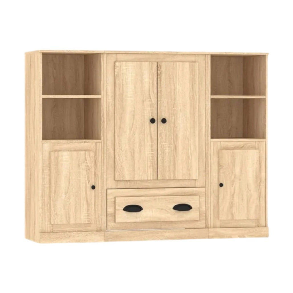 **Mobilier de rangement en bois clair avec étagères et tiroir**