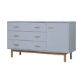 **Meuble de rangement moderne avec trois tiroirs et une porte, finition gris clair**