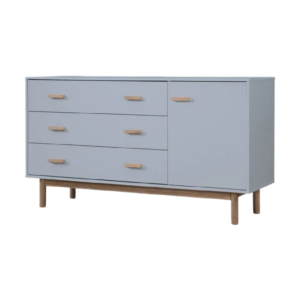 **Meuble de rangement moderne avec trois tiroirs et une porte, finition gris clair**