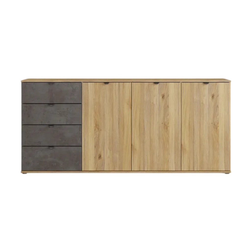 **Buffet moderne en bois avec finition en béton et tiroirs intégrés**