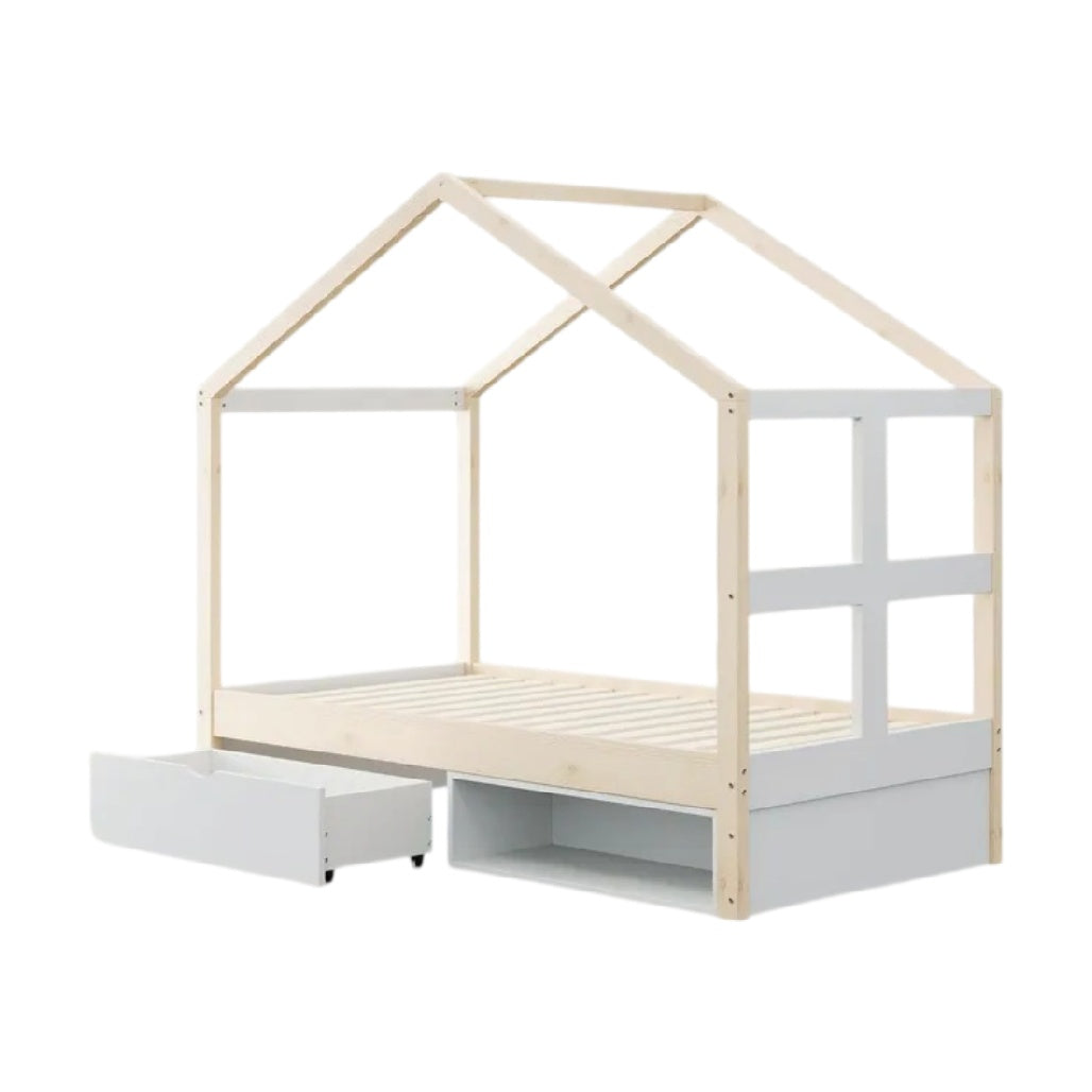 **Lit enfant en bois avec tiroir de rangement en forme de maison**