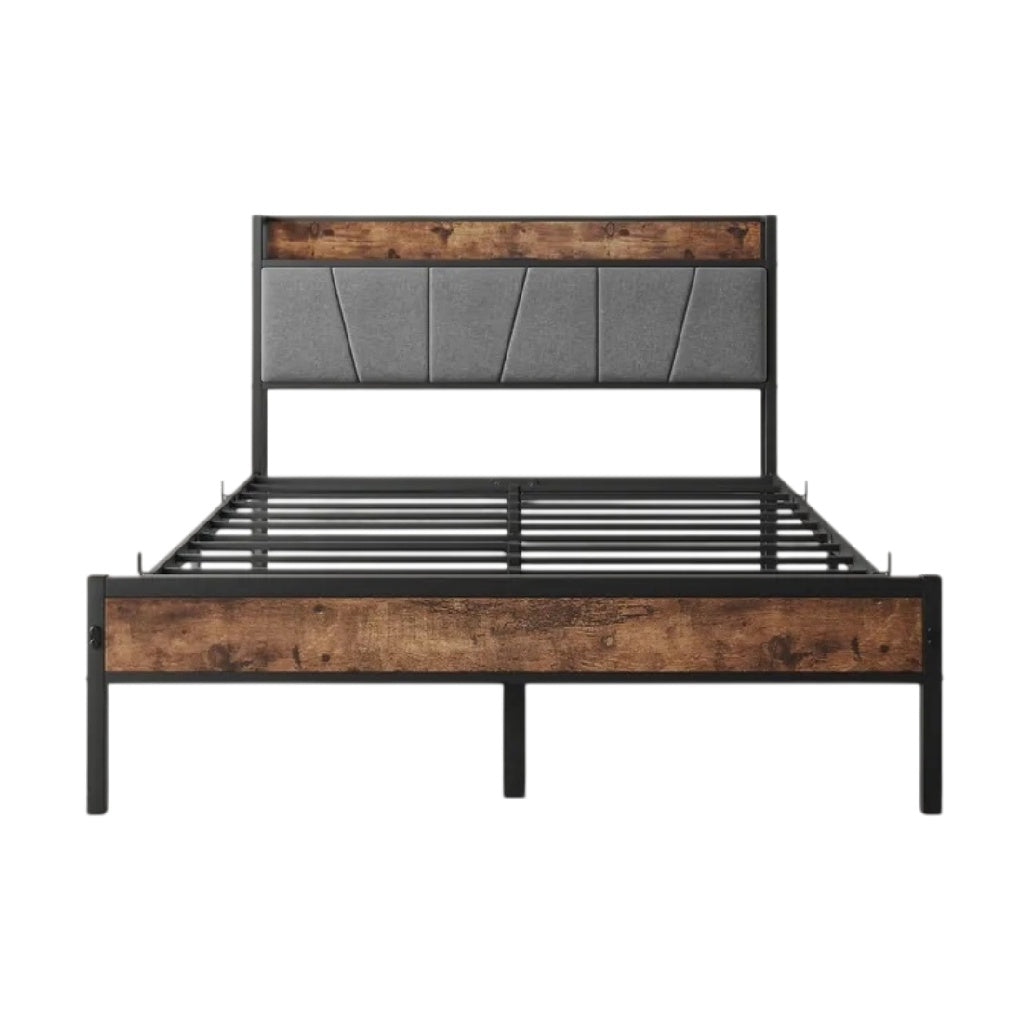**Lit en métal avec tête de lit rembourrée et design bois contemporain**